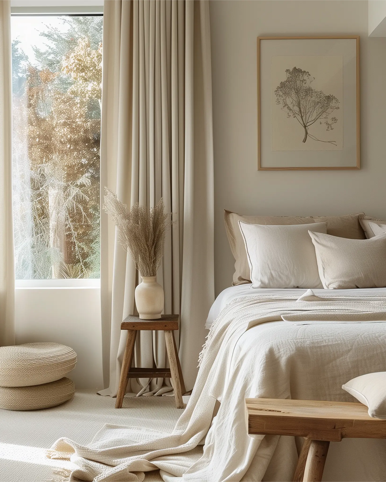 A white cotton curtain is perfect for use in the bedroom.