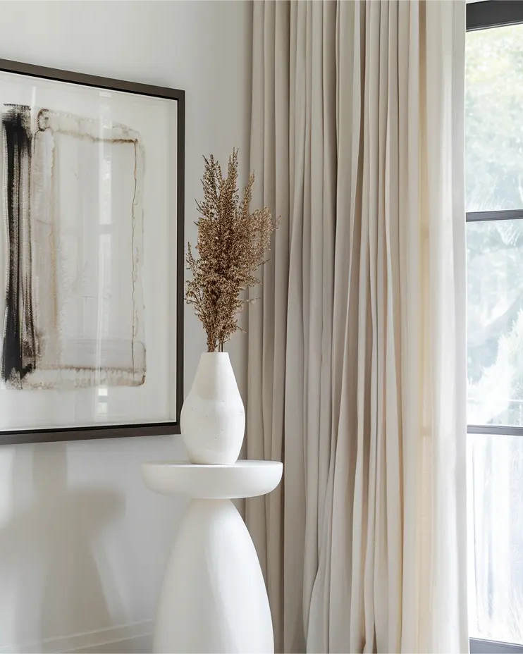 White cotton grommet curtains, perfect for adding a cozy and elegant touch to the bedroom.