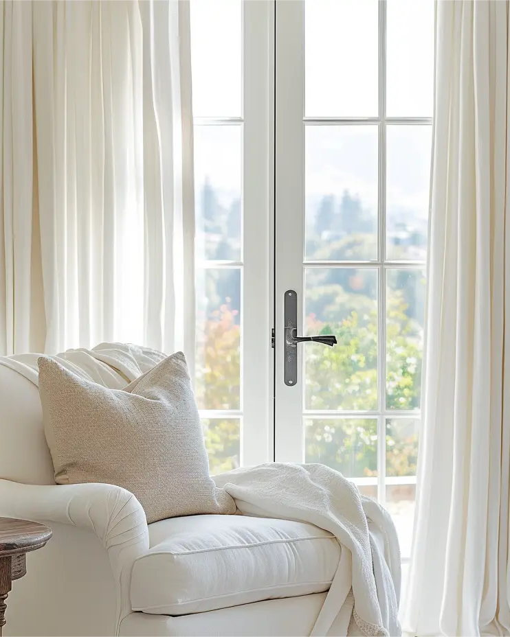 The living room is adorned with white linen grommet curtains draped over rods.