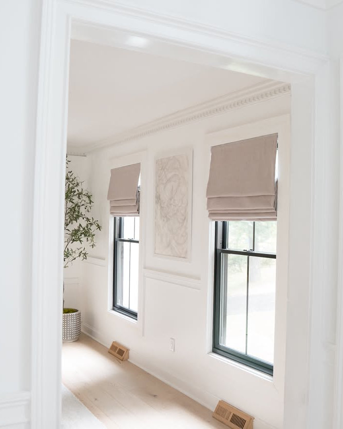 Cassandra Linen Cotton Roman Shades in Stone Beige-C5302 viewed from the doorway