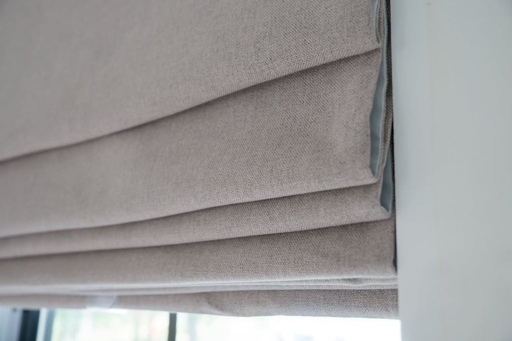 Fold detail of Cassandra Linen Cotton Roman Shades in Stone Beige-C5302