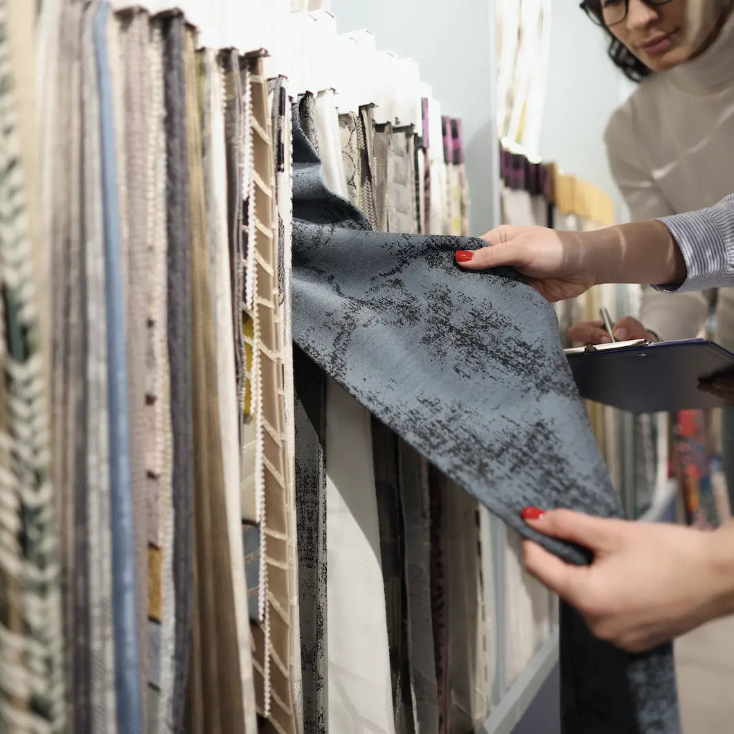 Customers browsing fabric selections, examining various textile options in a store.