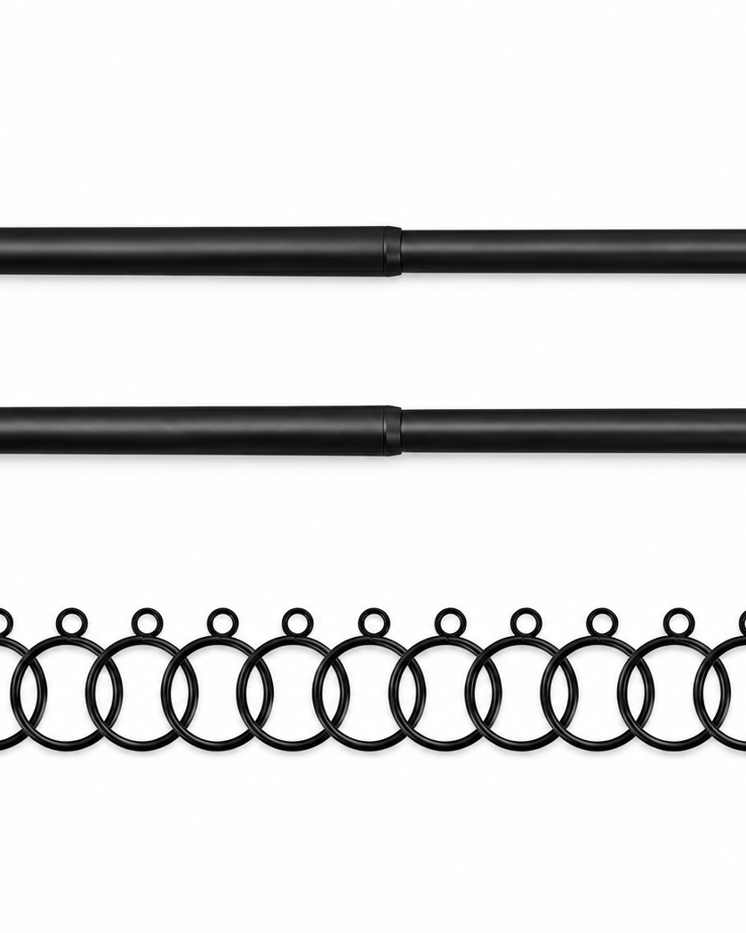 Ravon black French return curtain rod with Eden curtain rings