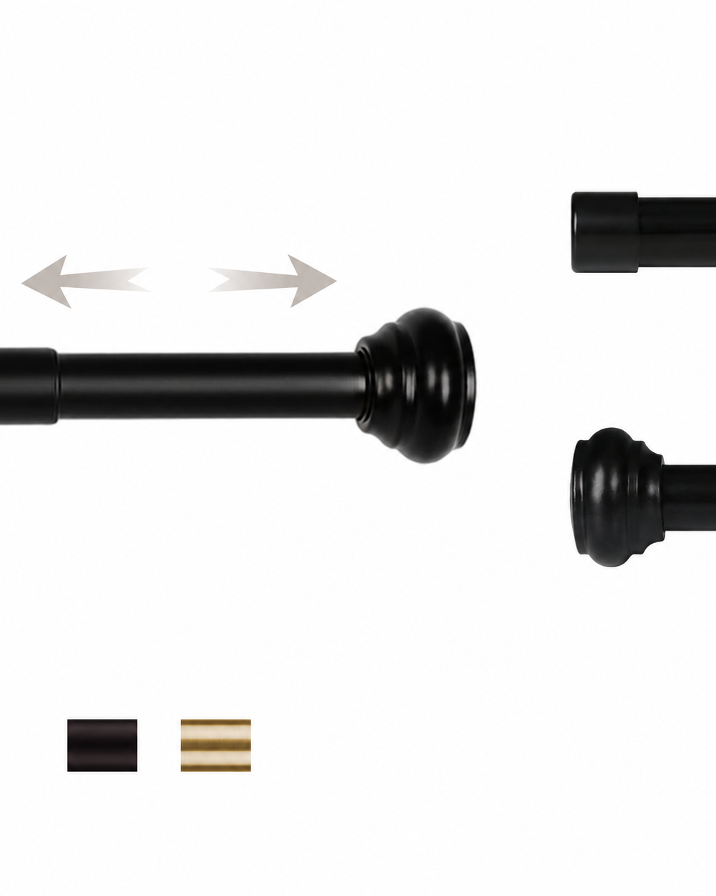 Riley adjustable curtain rod with Classic and Modern caps; available finishes Black and Gold.