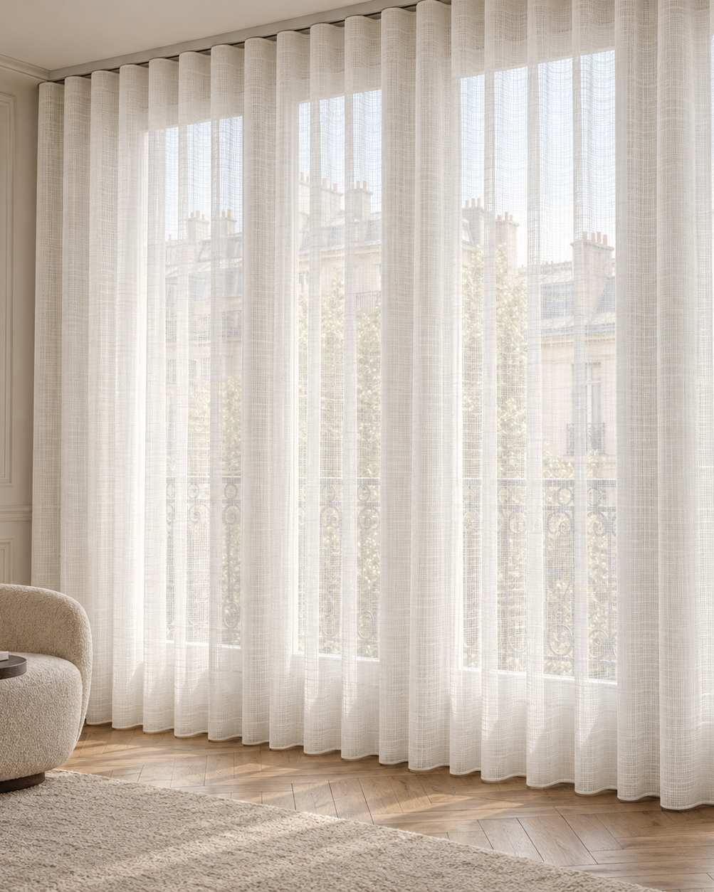 Ivory ripple fold sheer curtains in a Paris apartment