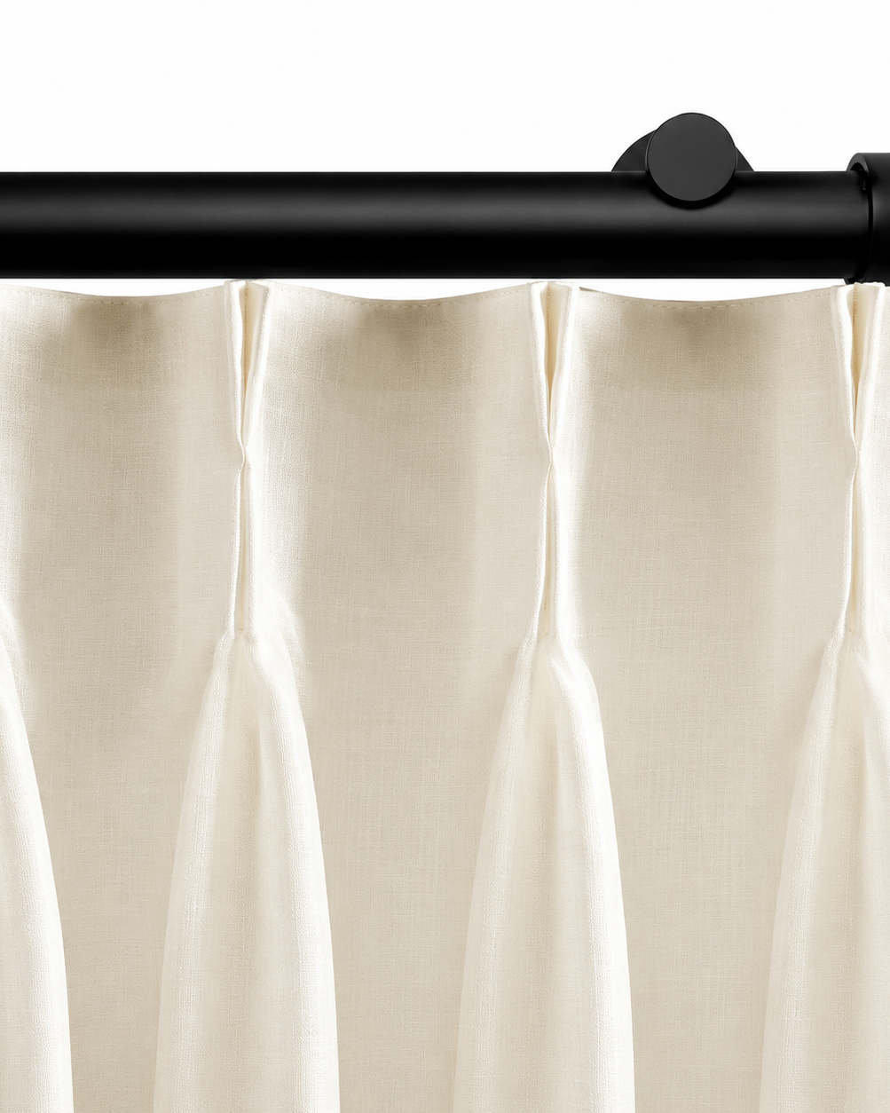Ronan black traverse curtain rod with ivory pleated header curtain