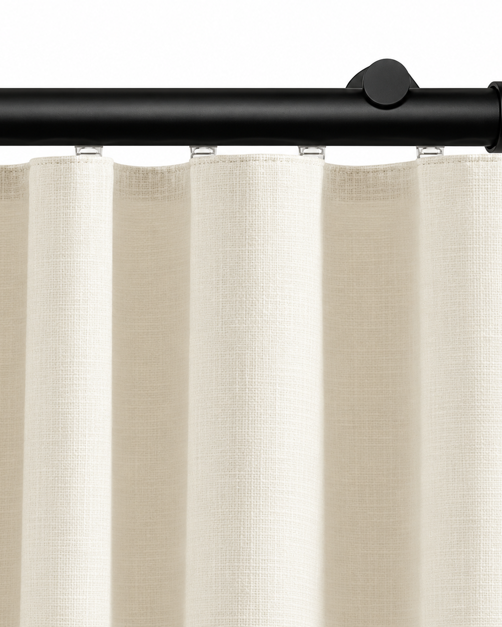 Ronan black traverse curtain rod with ivory ripple fold curtain