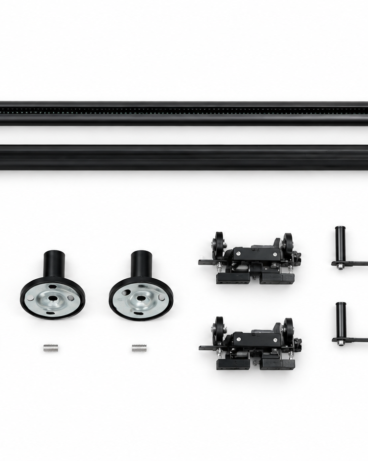 Rylan rod sections, mounting brackets, carriers, end caps, connector and screws — components vary by configuration