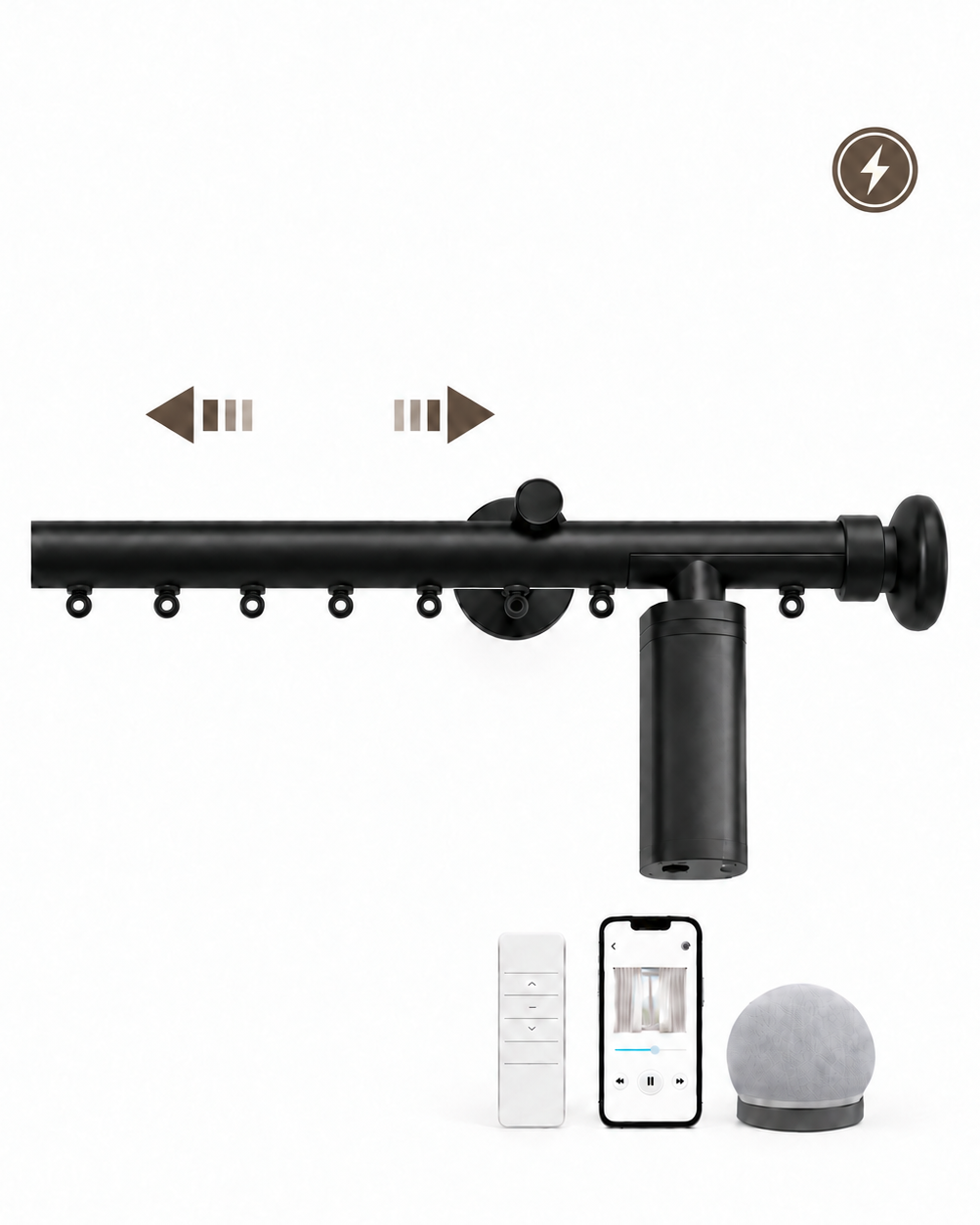 Rylan motorized curtain rod with left-right opening arrows, motorization symbol, remote, app and voice control options