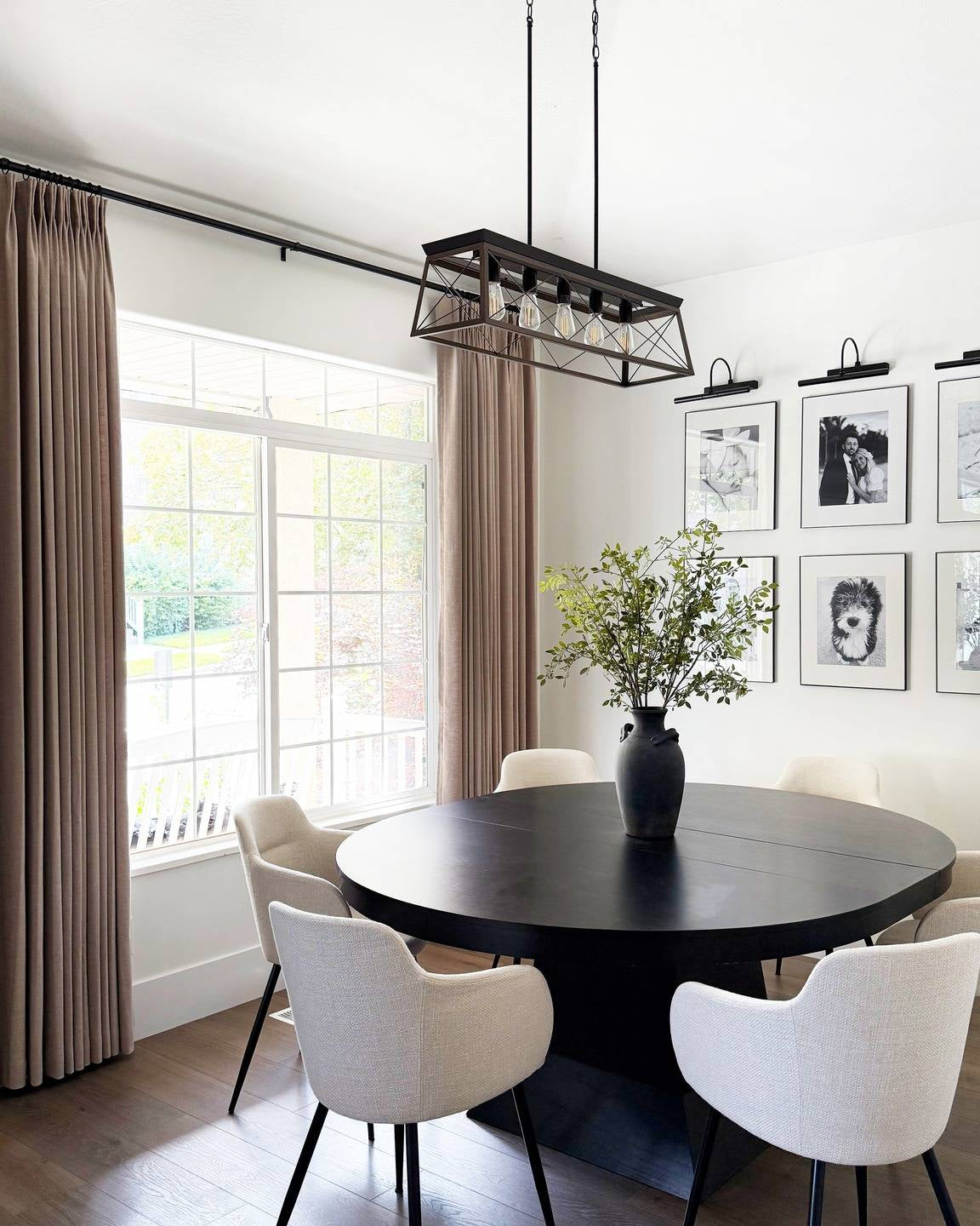 Lena Linen Soft Pebble-L2311 pleated drapery in a bright living and dining room