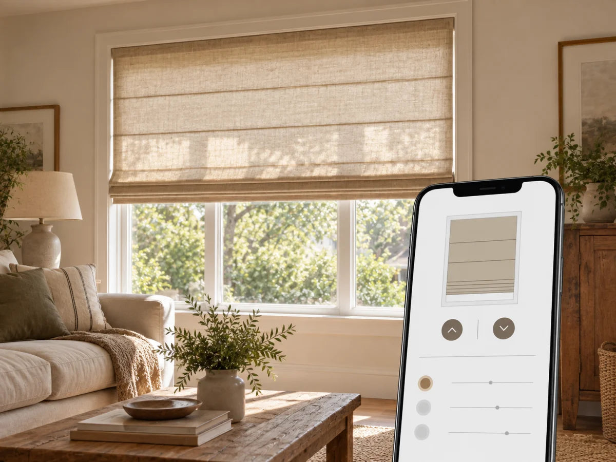 Smartphone shade controls beside a linen Roman shade in a sunlit living room