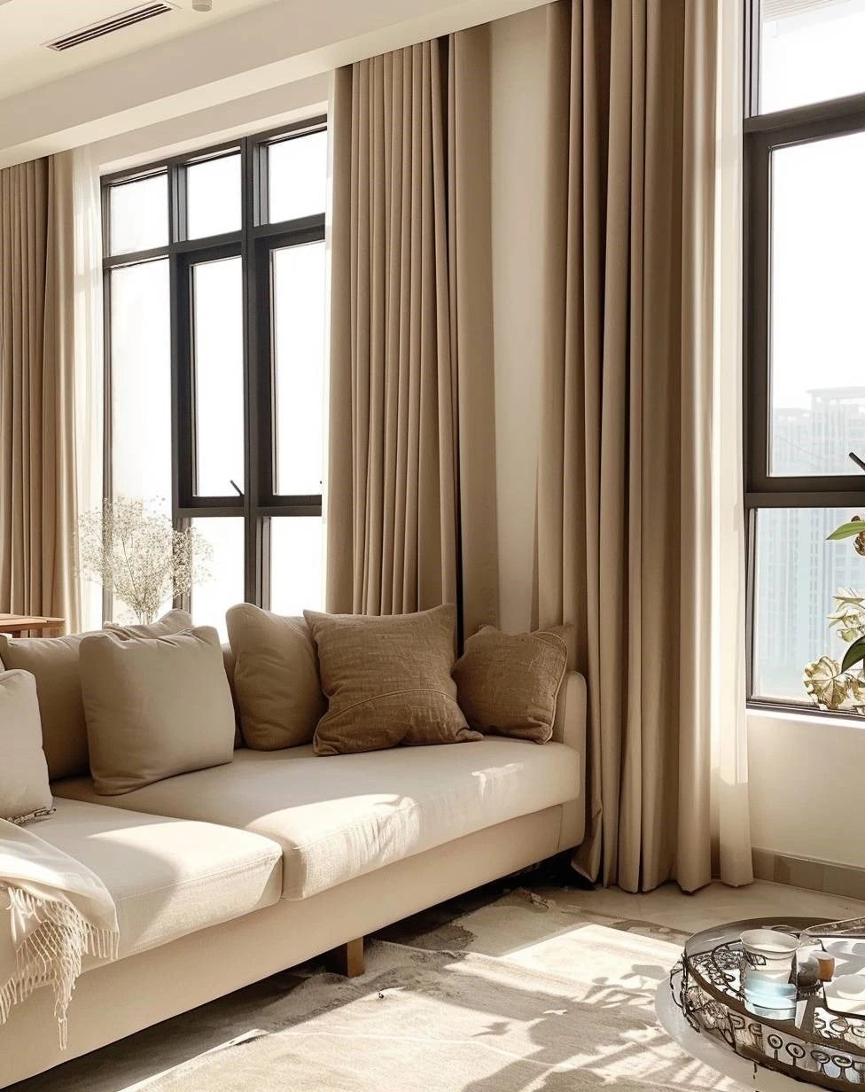 Elegant living room featuring custom sized curtains.