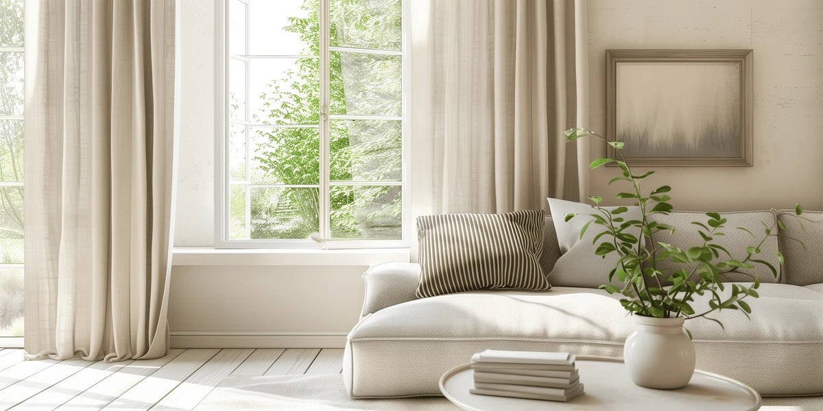 Beautiful living room showcasing custom grommet curtains.