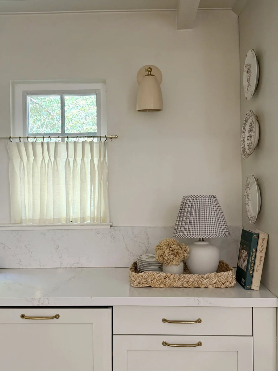 Ashley’s kitchen windows with Whispering Cloud café curtains