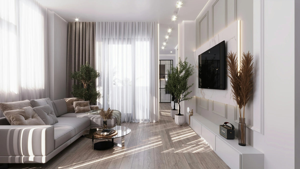 Exclusive Fabrics & Furnishings Drapes in an Elegant Living Room