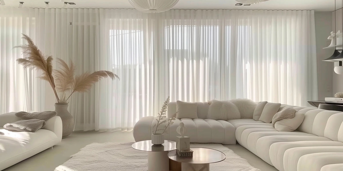 A cozy living room with white sofa and sheer curtains.