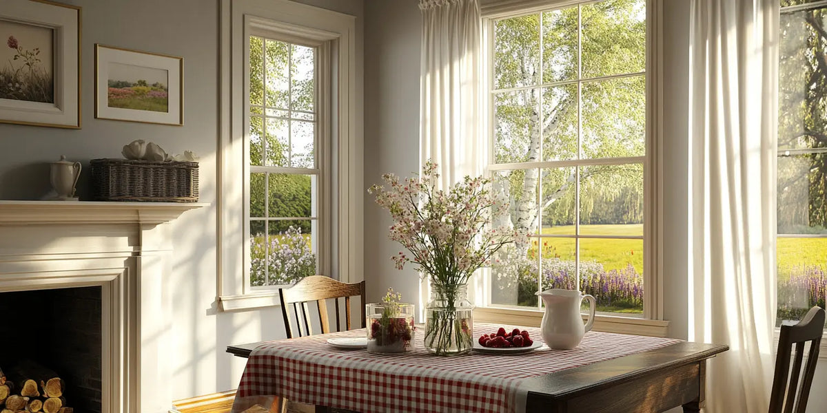 A beautiful living room with fflowers and sofft curtains.