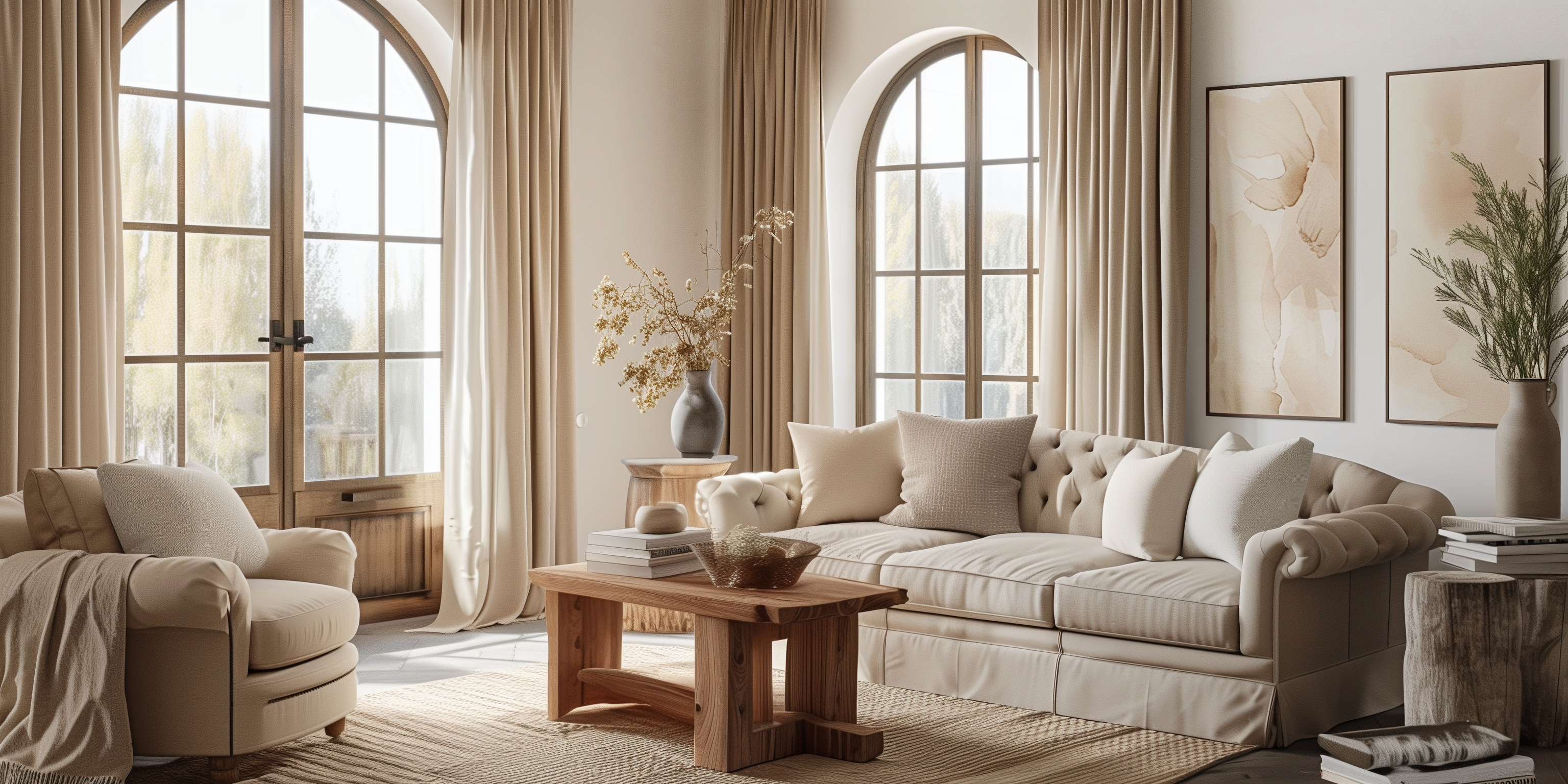 Cozy living room with arched windows, linen curtains, cream sofas, wooden table, and minimalist decor in cotton tones. Bright and inviting ambiance.