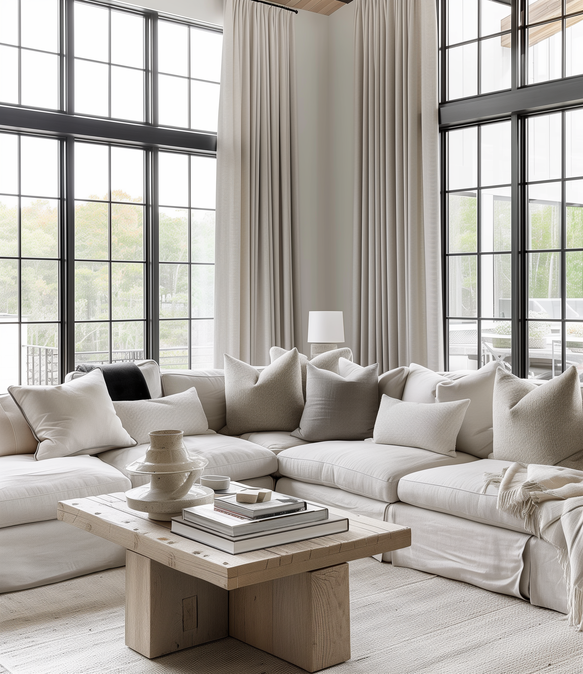 Modern living room with large black-framed windows, light gray velvet curtains, white sectional sofa with gray velvet accent pillows, and a wooden coffee table.