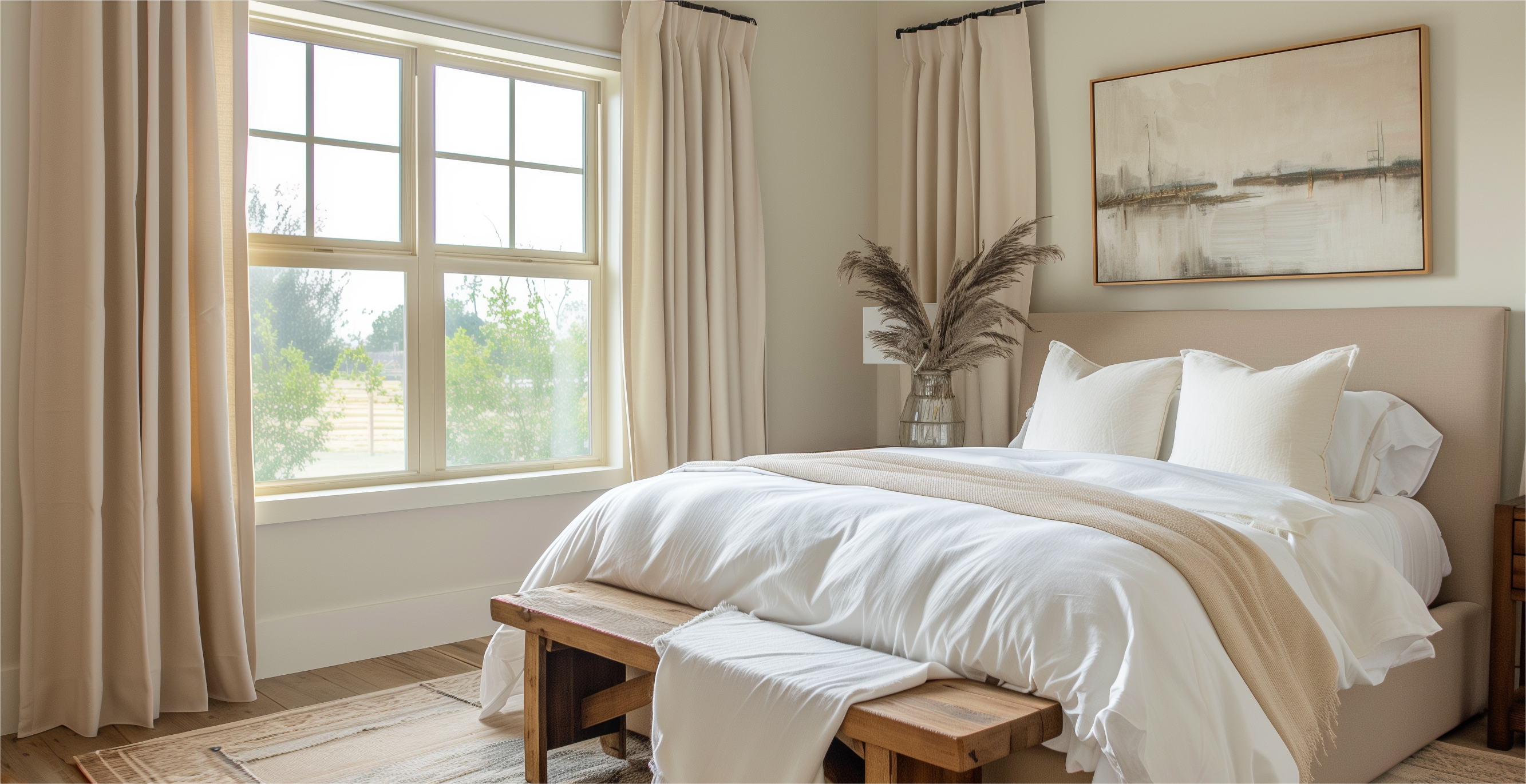 Cozy bedroom with beige cotton curtains, white bedding, wooden bench, and soft neutral decor. Large window brightens the space with natural light.