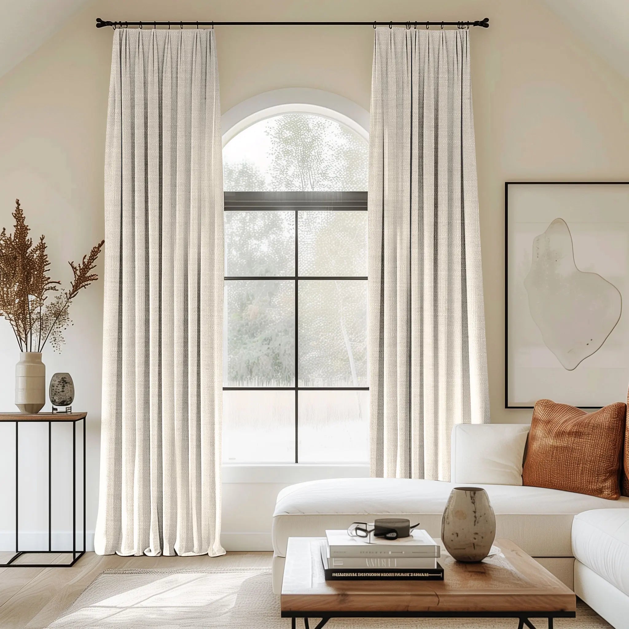 White curtains blending linen, cotton, and polyester with black curtain rods, perfect for the living room.