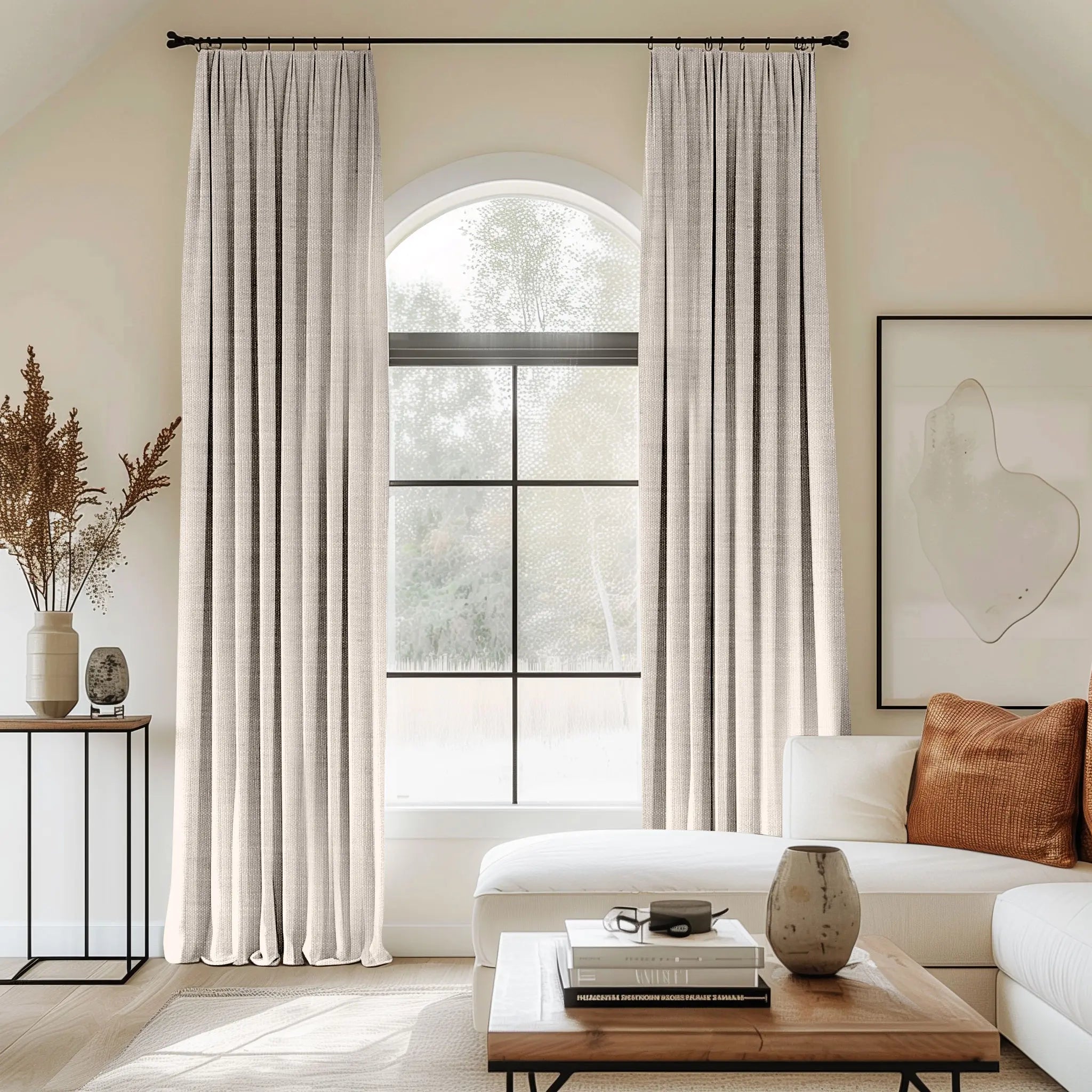 White curtains blending linen, cotton, and polyester with black curtain rods, perfect for the living room.