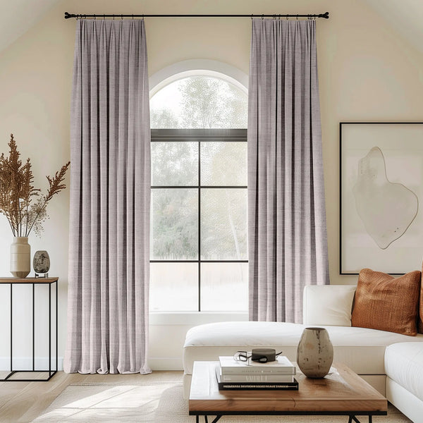 Purple curtains blending linen, cotton, and polyester with black curtain rods, perfect for the living room.