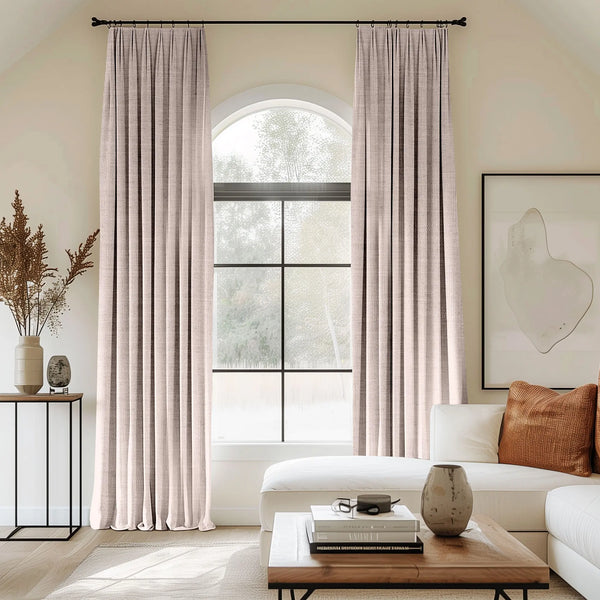 Brown curtains blending linen, cotton, and polyester with black curtain rods, perfect for the living room.