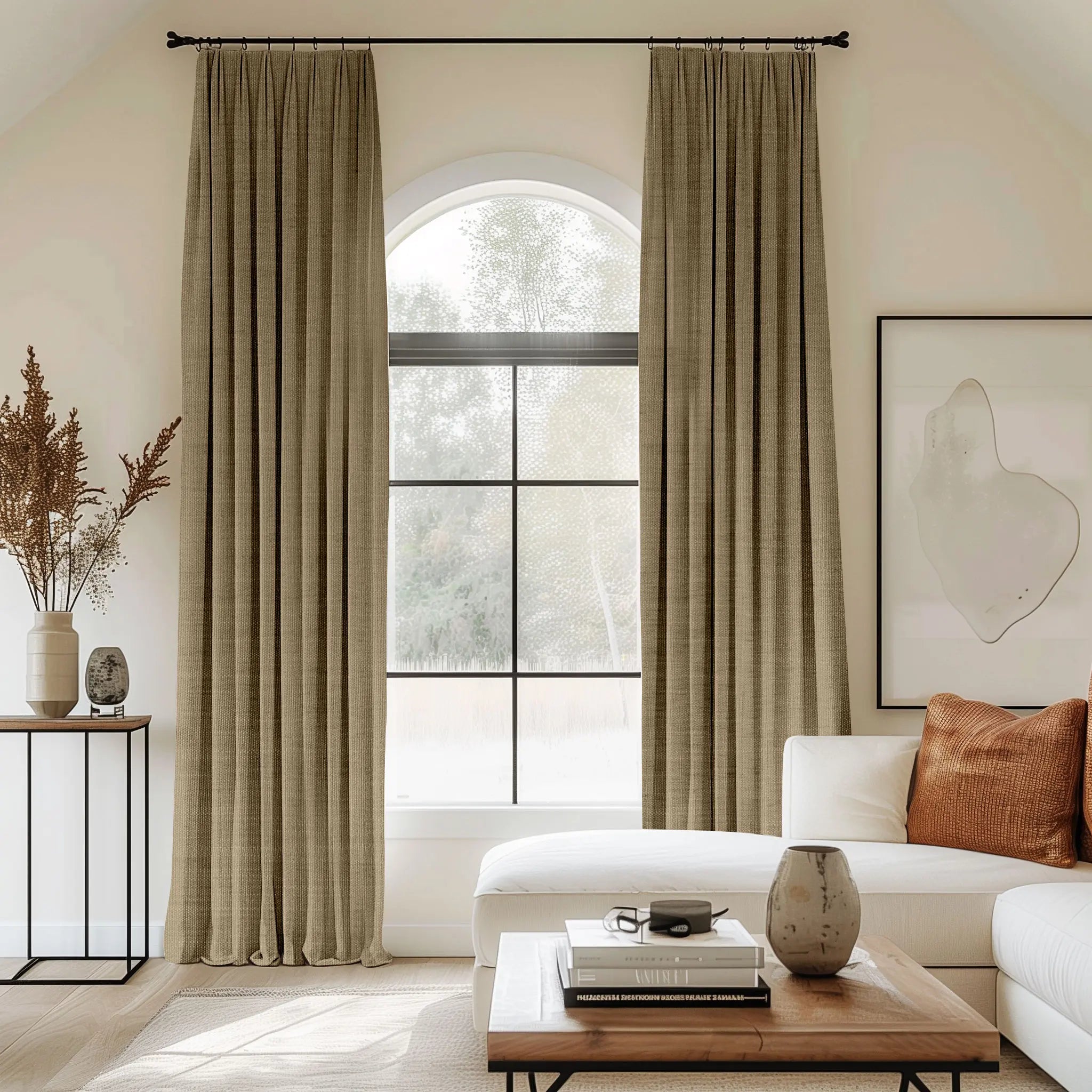 Green curtains blending linen, cotton, and polyester with black curtain rods, perfect for adding elegance to the living room.