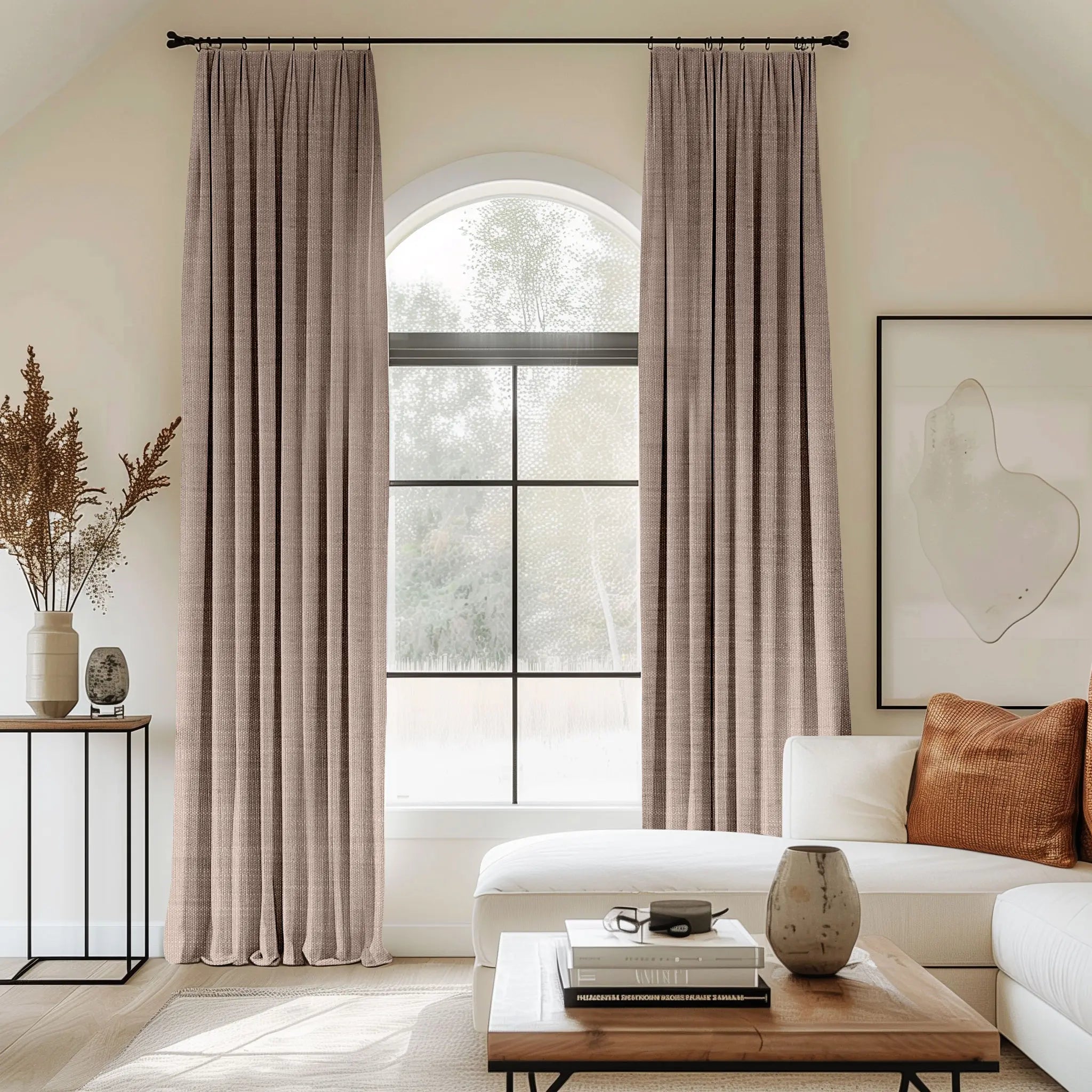 Brown curtains blending linen, cotton, and polyester with black curtain rods, perfect for the living room.