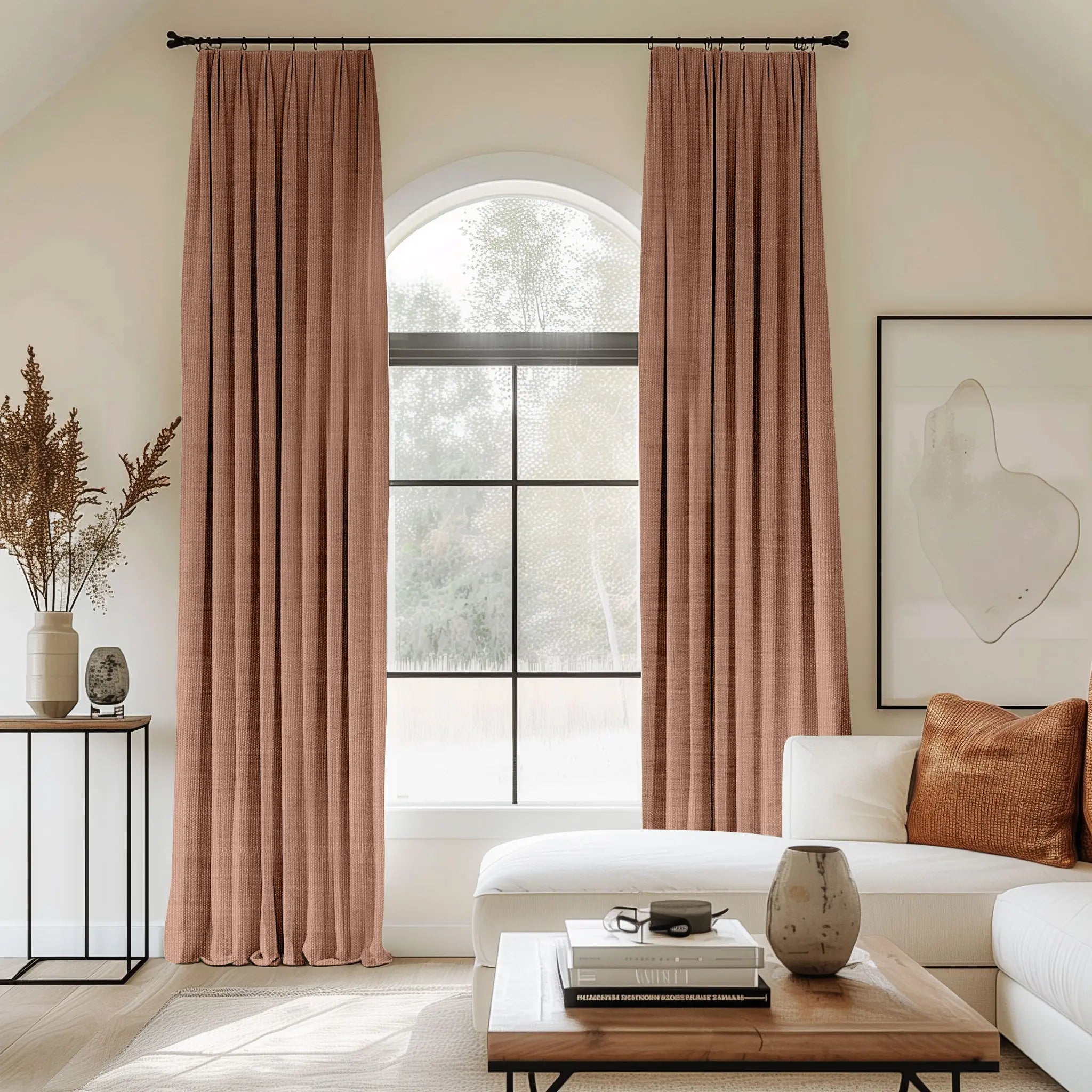 orange curtains blending linen, cotton, and polyester with black curtain rods, perfect for the living room.