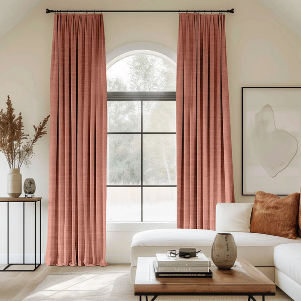 Red curtains blending linen, cotton, and polyester with black curtain rods, perfect for the living room.