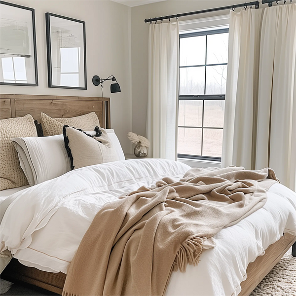 Pleated white cotton curtains with rings and black curtain rods, ideal for the bedroom.