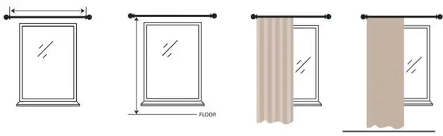 Illustration of curtain rod placement and curtain length options, showing width, height, and floor-length drapery styles.