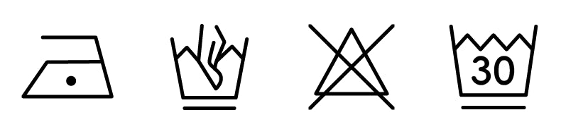 Fabric care icons for ironing low heat, hand wash, do not bleach, and machine wash at 30°C. Fabric maintenance guide.