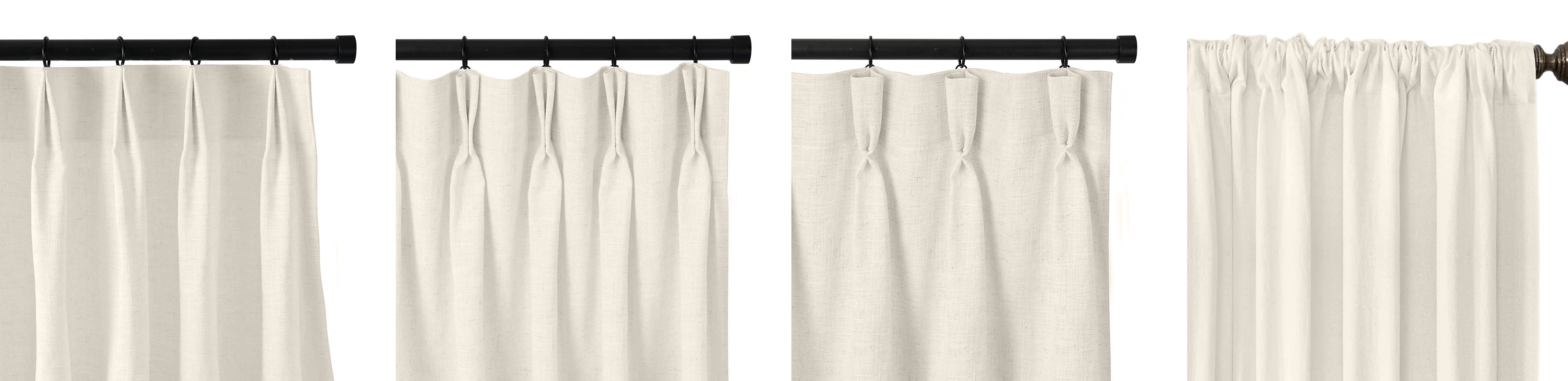 Different curtain styles displayed on rods, showcasing pleated and gathered designs in neutral fabric.