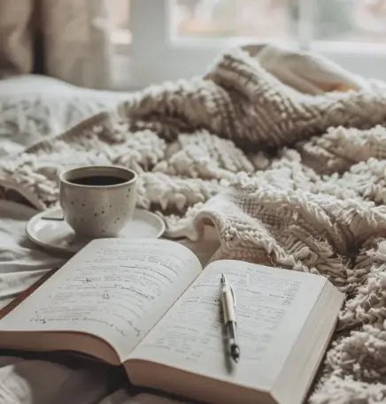 Cozy scene with a book, pen, coffee, and blanket, ideal for collaboration and creative inspiration