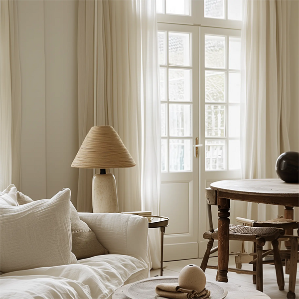 White soft top curtains with golden rods, perfect for living room.