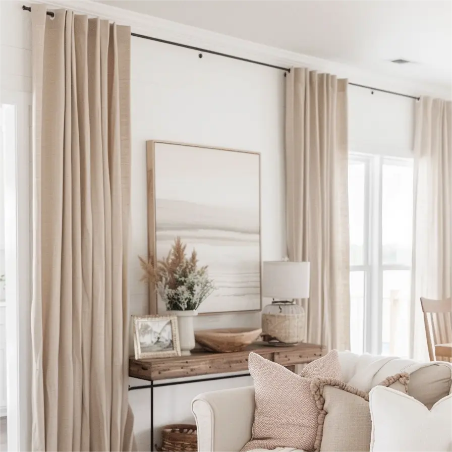 The white linen and polyester grommet curtains hang on rods in the living room