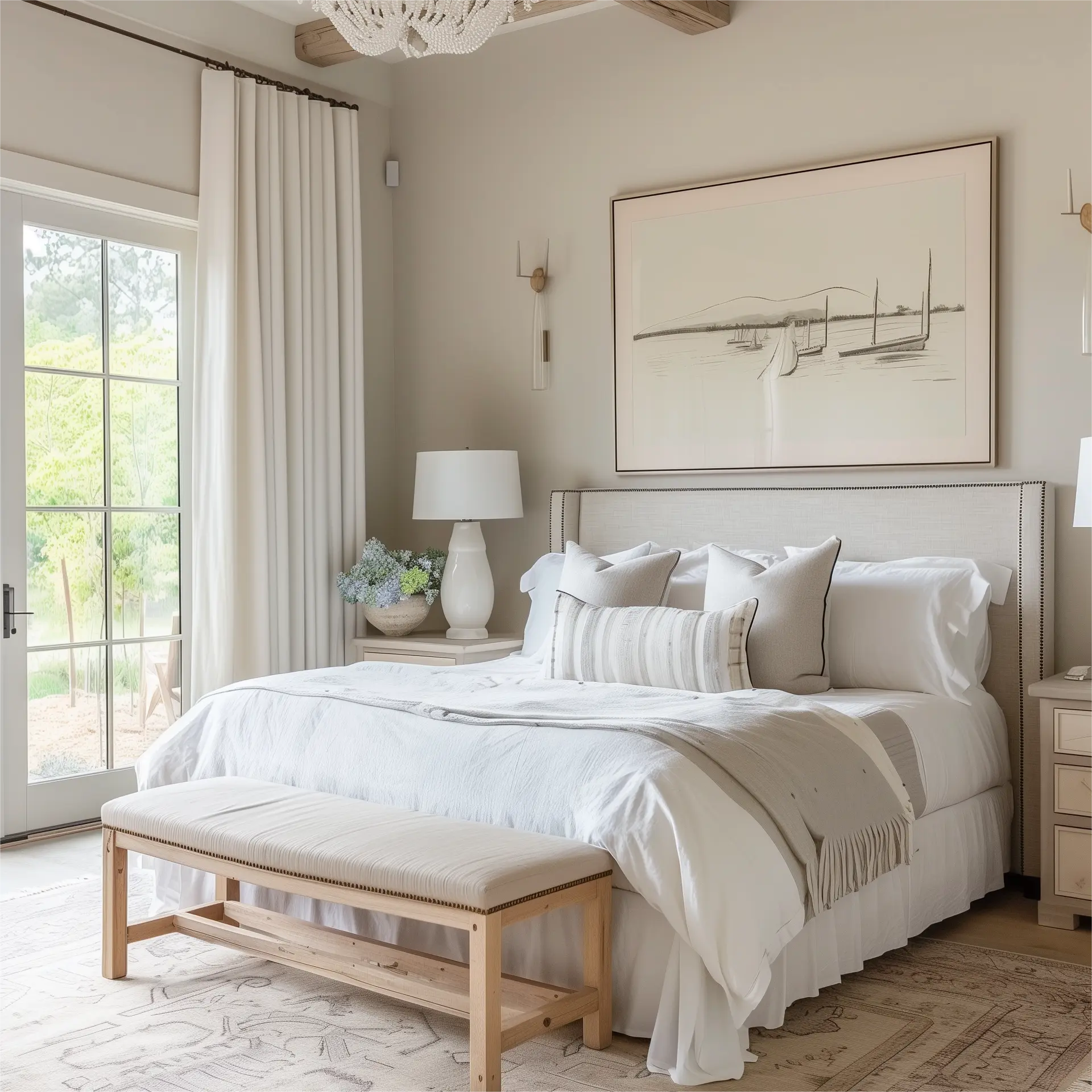 The bedroom room features white linen and polyester pleated curtains hanging on black rods.