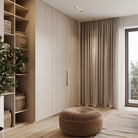 The bedroom is adorned with brown linen soft top curtains draped over rods.