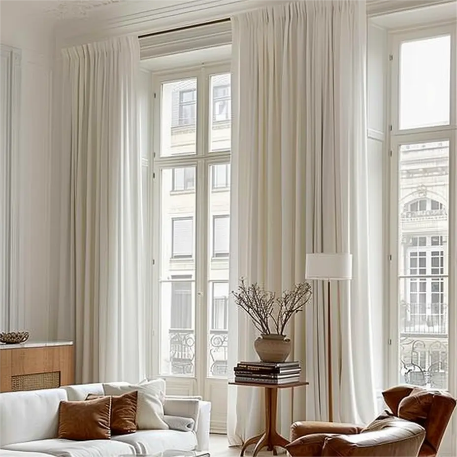 Luxurious living room with floor-to-ceiling white curtains, large windows, and modern furniture, featuring a cozy seating area.