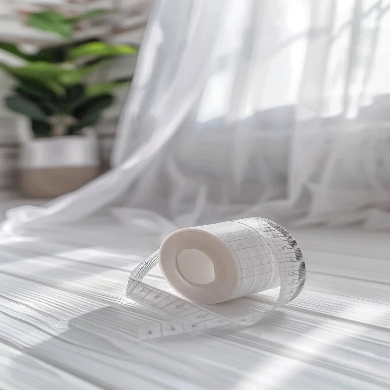 Soft white drapery with a measuring tape rolled on the floor, sunlight streaming through sheer curtains in the background.