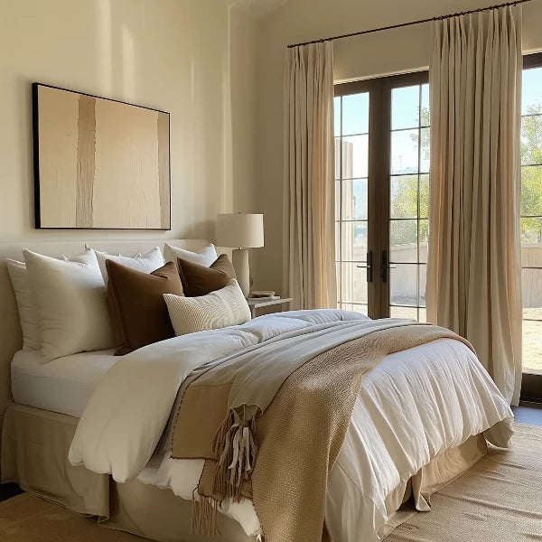 Cozy bedroom with neutral tones, soft bedding, and natural light through large windows