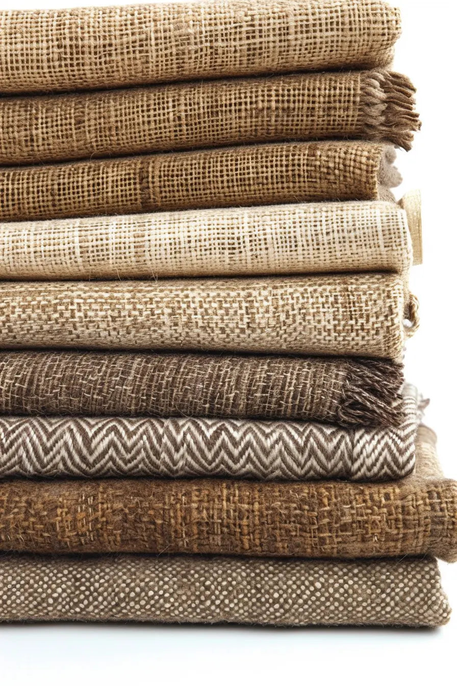 Stack of various brown woven fabrics showcasing different material textures and patterns.