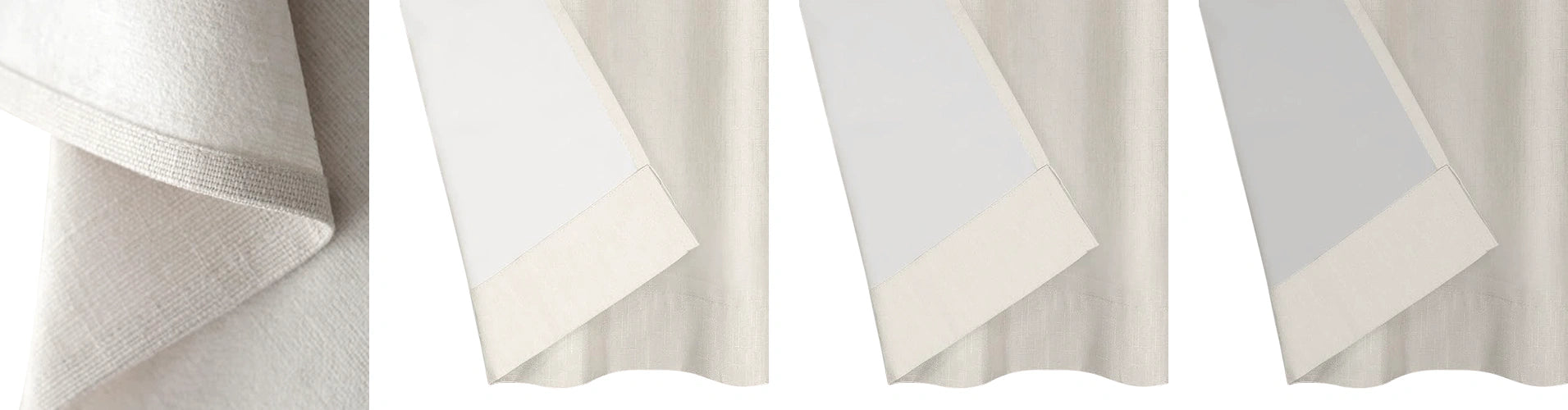 Close-up of curtain hems and lining, showcasing fabric detail and craftsmanship in neutral tones.