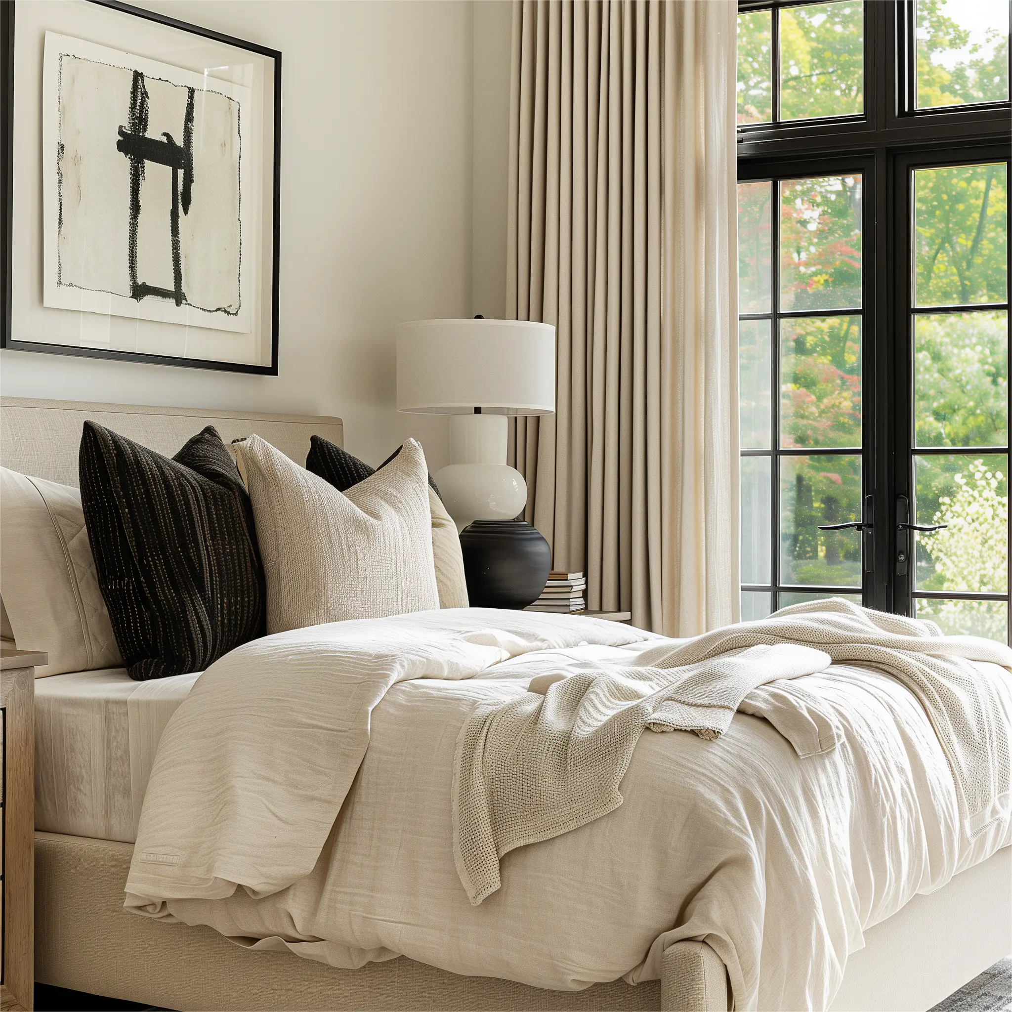 White linen grommet curtains are installed on rods in the living room.