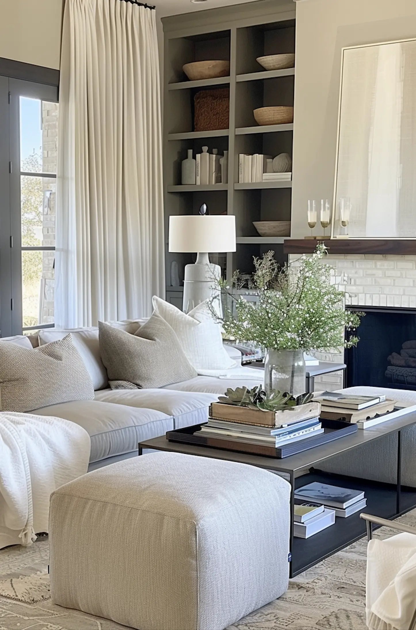 In this luxury modern farmhouse living room with white oak floors, large windows feature white linen curtains made from a premium blend of linen, cotton, and polyester with a sleek grommet design. A grey velvet sofa, black bookshelves, a glass table lamp, coffee table books, a gray linen ottoman, and a vintage white rug complete the space.