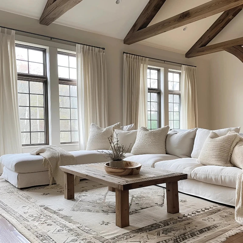 Elegant living room with premium curtains, cozy sofa, and rustic wooden coffee table