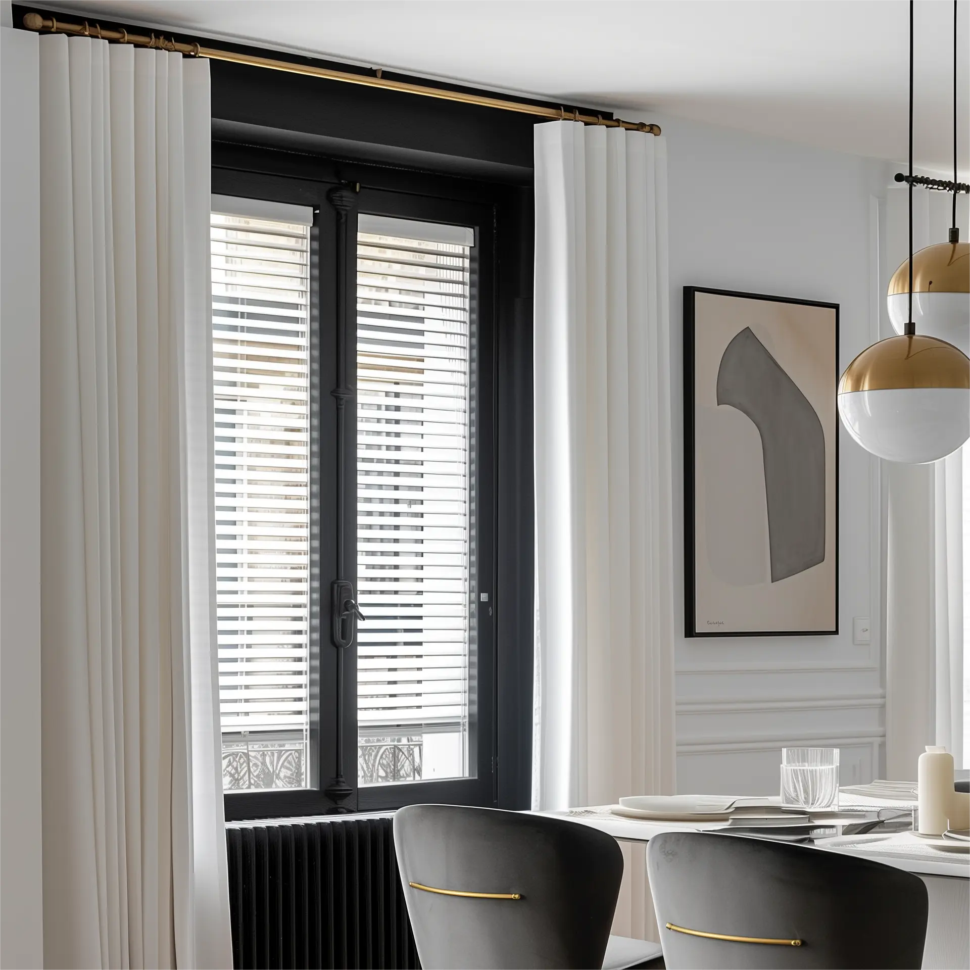 Pleated curtains made of white silk are installed on golden rods in the dining room.